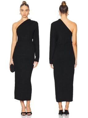NEW ASTR The LABEL Black FINOLA One Shoulder RUCHED SIDE Sweater MIDI DRESS S